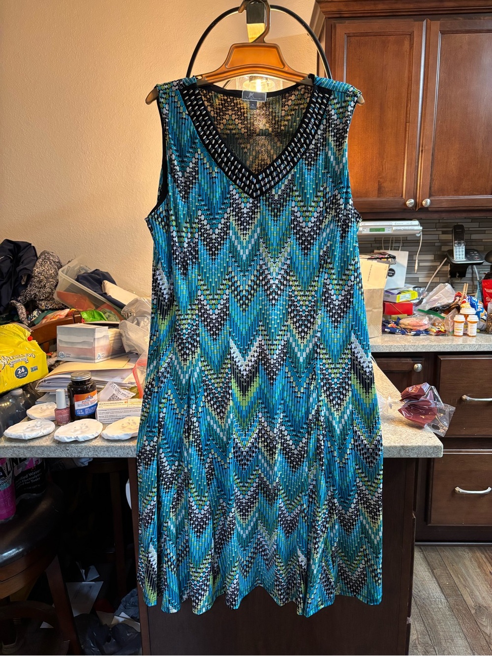 JM Collection Beaded V-Neck Shift Dress in Teal, Aqua & Black